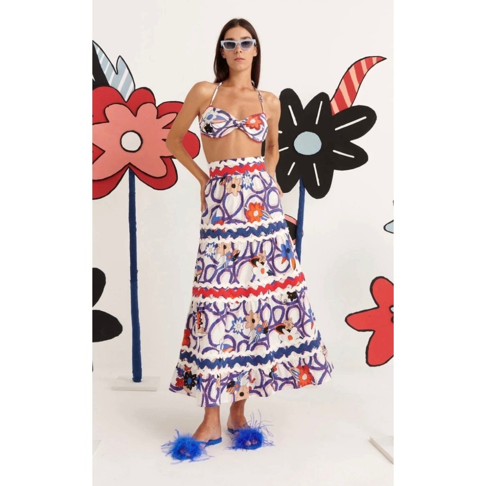 CeliaB Womens Floral Rope Print Tiered Maxi Skirt Rickrack Blue Red White Size M - Picture 7 of 7